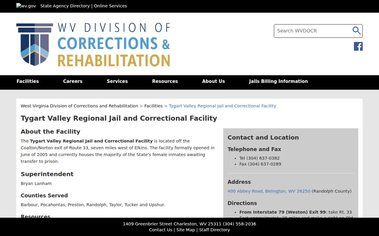 Tygart Valley booking facility for Barbour County arrest records