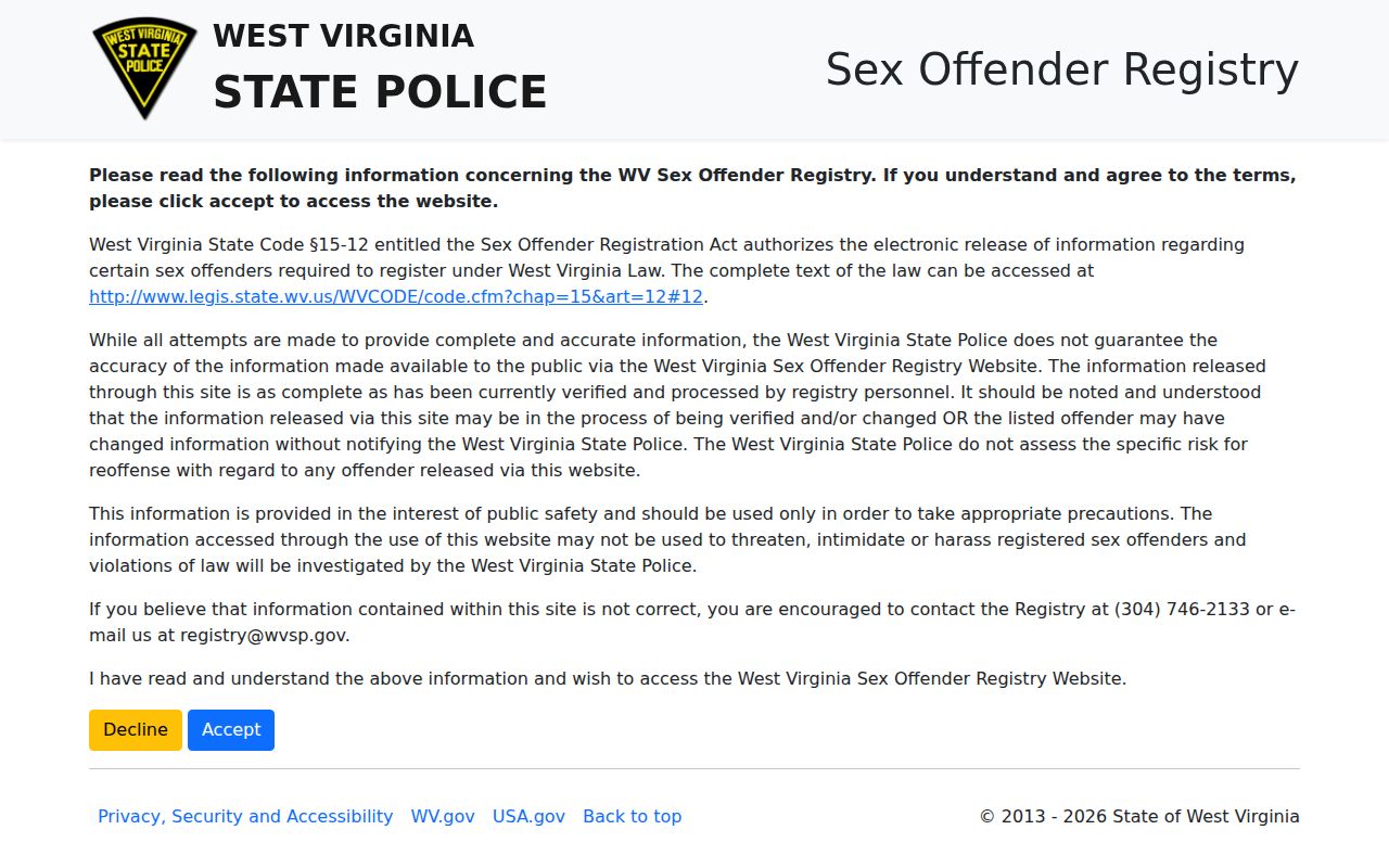Barbour County sex offender registry disclaimer from West Virginia State Police